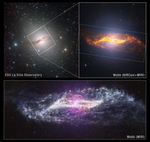 A three-panel comparison shows different views of galaxy Centaurus A. The upper left panel is a visible-light image of the full galaxy surrounded by a black sky filled with white, blue, and yellow stars. Centaurus A has a dark dust lane crossing a bright center. A white outlined box marks the region observed by Webb. The upper right panel zooms into that outlined region with a combined near- and mid-infrared view from Webb. The galaxy is oriented diagonally, with a bright white core surrounded by an orange glow. A broad band of golden-orange dust forms a parallelogram across the center, countless tiny stars create a fine speckled texture throughout the image. A dashed outline indicates the smaller region shown below, Webbu2019s mid-infrared view. The galaxy stretches horizontally across a black background scattered with purple and white stars, the parallelogram glows white. Wispy clouds and looping pink structures surround the center. The galaxyu2019s edges fade into soft, feathery plumes.