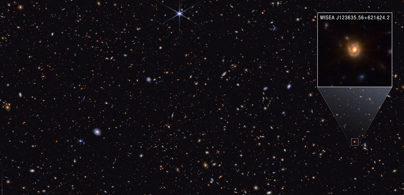 A distant galaxy offers clues to Webb’s little red dots artwork