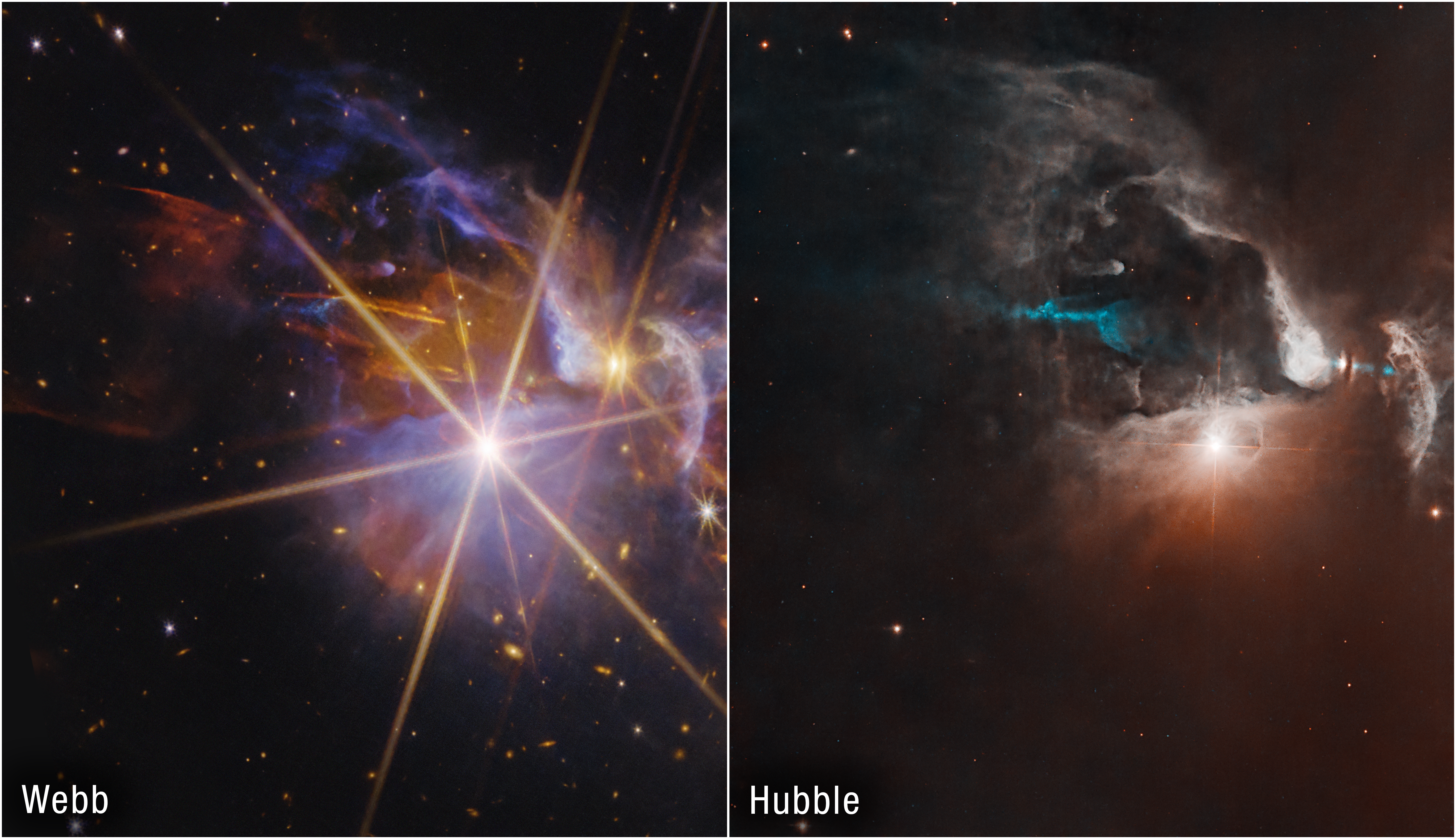 Side-by-side images of FS Tau, a star-forming nebula. The left, labeled Webb, shows clouds of transparent blue and purple gas and dust extending from the center to the right. Several yellow and white protostars, some showing Webb’s eight-pronged diffraction pattern, are within the clouds. Orange wisps of gas extend from one of the protostars at the center toward the top left and bottom right corners. The right, labeled Hubble, shows a bright white point made up of two orbiting stars with a four-pronged diffraction pattern to the right of center. At 2 o’clock from this star, there is another, smaller protostar, surrounded by a dark disk of matter. In the center of the image is a cavity where the clouds are thinner and background stars shine through. The stars and protostar are on the edges of this cavity and are surrounded by dark clouds that appear like thick smoke in the light. A thin, short blue jet of material extends horizontally, emerging from both sides of the disk.