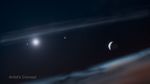 Artist's concept of the Beta Pictoris planetary system. One edge of a smooth, dusty disk that looks like cloud wisps extends across the upper third of the image at an angle from 9 ou2019clock to 2 ou2019clock. Just below that, in the left third of the image, the star glows white and is small. Just to the left of the star there is a tiny white dot, planet Beta Pictoris c. To the right of the star, about twice the distance between Beta Pictoris c and the star is another bright dot, representing planet Beta Pictoris b. A third planet, Beta Pictoris d is larger than the other two, and appears in the right third of the illustration. The planet has subtle orange cloud bands, and the side facing the star is illuminated. Below this planet, the other wispy edge of the dusty disk that circles the star crosses the bottom right corner of the illustration below Beta Pictoris d from 4 ou2019clock to 7 ou2019clock. The black background of space is speckled with distant stars. The words "Artist's Concept" appears at the lower left corner.