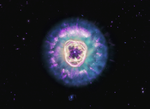 Planetary nebula NGC 2392, also called the Lion Nebula, against the black background of space. The nebula is in the center, circular in shape, and looks like a male lionu2019s head. In the very center is a small, bluish-white circle with eight-point diffraction spikes, a white dwarf star. Surrounding the star are light purple-red cavernous bubbles and shell-like rings. The bubbles and shells collectively form an oval with two small, wide arcs near the top, reminiscent of a lionu2019s face and its ears. What appears to be extended outward from the lionu2019s face is a thick ring of cyan material. The width of the ring is consistent throughout and resembles a mane. The area closest to the lionu2019s face looks cloudy, while the edges of the mane look like there are purple clumps of dust with comet-like tails and strands. In the background are distant galaxies and stars. Some galaxies appear as small purple points of light and others with visible blue spiral structures. A couple of the stars have diffraction spikes.