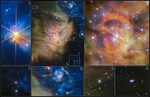 A collage, with three large panels along the top and four smaller ones on the bottom. The middle panel on top shows star-forming region IC 348, which has a blanket of thick clouds of yellow and green dust blanketing most of the image. Six boxes are drawn around features in the region, numbered 1-6. The other six panels are numbered and show these features enlarged. They include bright stars throughout the nebula, protostars shooting jets of gas, a distant spiral galaxy, and a gravitational lens.