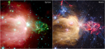Two images appear side by side. The left is labeled “Spitzer” and the right “Webb.” The Spitzer image, which is fuzzier and less detailed, shows two regions separated by a bright central object, a star. To the left of the star, there is a region filled with red dust and gas that extends from the star to the left border of the image. The red region extends from the bottom, covering about two-thirds of the image. To the right of the star is a large, irregular green blob. The Webb image shows the same two regions at both sides of a central star, but at a higher resolution. The left region is filled with stars and yellow dust and gas that extends from the star to the left border of the image. This yellow region extends from the bottom, covering about two-thirds of the image. The top left of the image holds a few bright protostars, within dense gray gas. To the right of the central star, there is a clumpy plume of red dust and gas, which is surrounded by more dense gray gas and dust.
