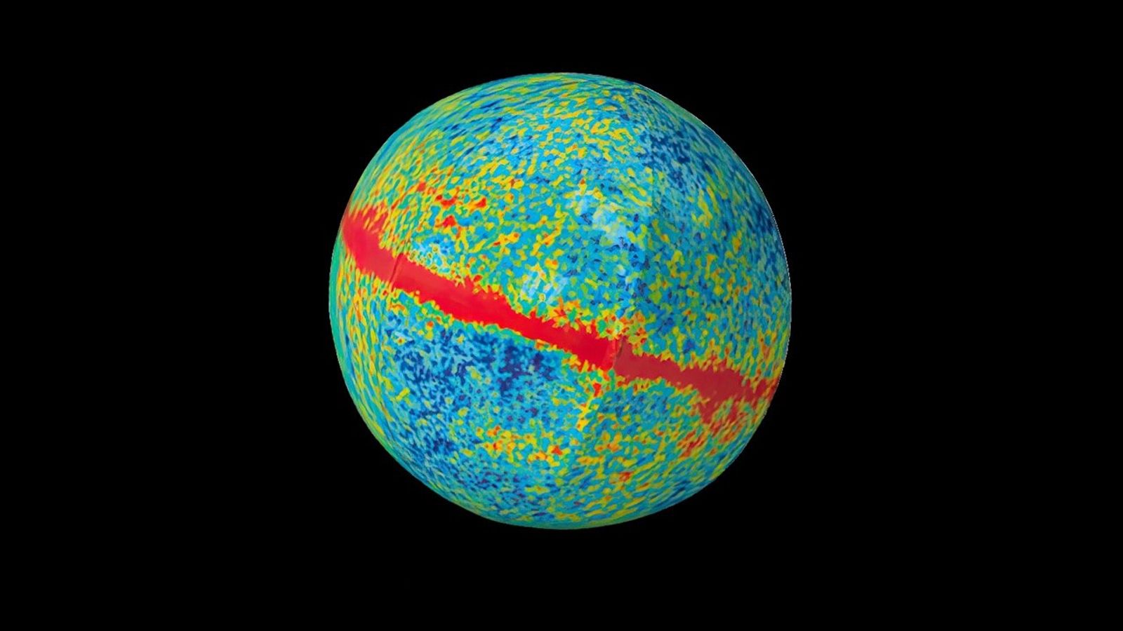 Colorful sphere  showing a cosmic microwave background map with blue, green, yellow, and red patterns, including a prominent red band across the middle.