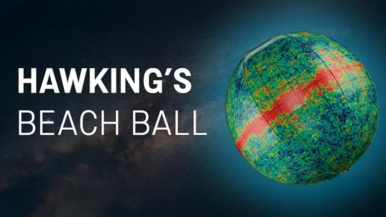 Illustration of a colorful sphere nicknamed ‘Hawking’s Beach Ball,’ showing a cosmic map with red, green, and blue patterns over a grid, alongside the title text ‘Hawking’s Beach Ball.