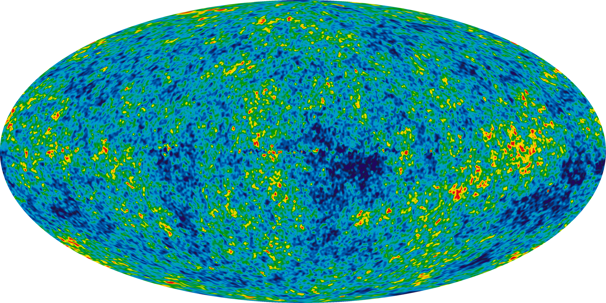 Full-sky map of the cosmic microwave background radiation, showing tiny temperature fluctuations across the sky in blue, green, yellow, and red, based on nine years of data from NASA's WMAP mission