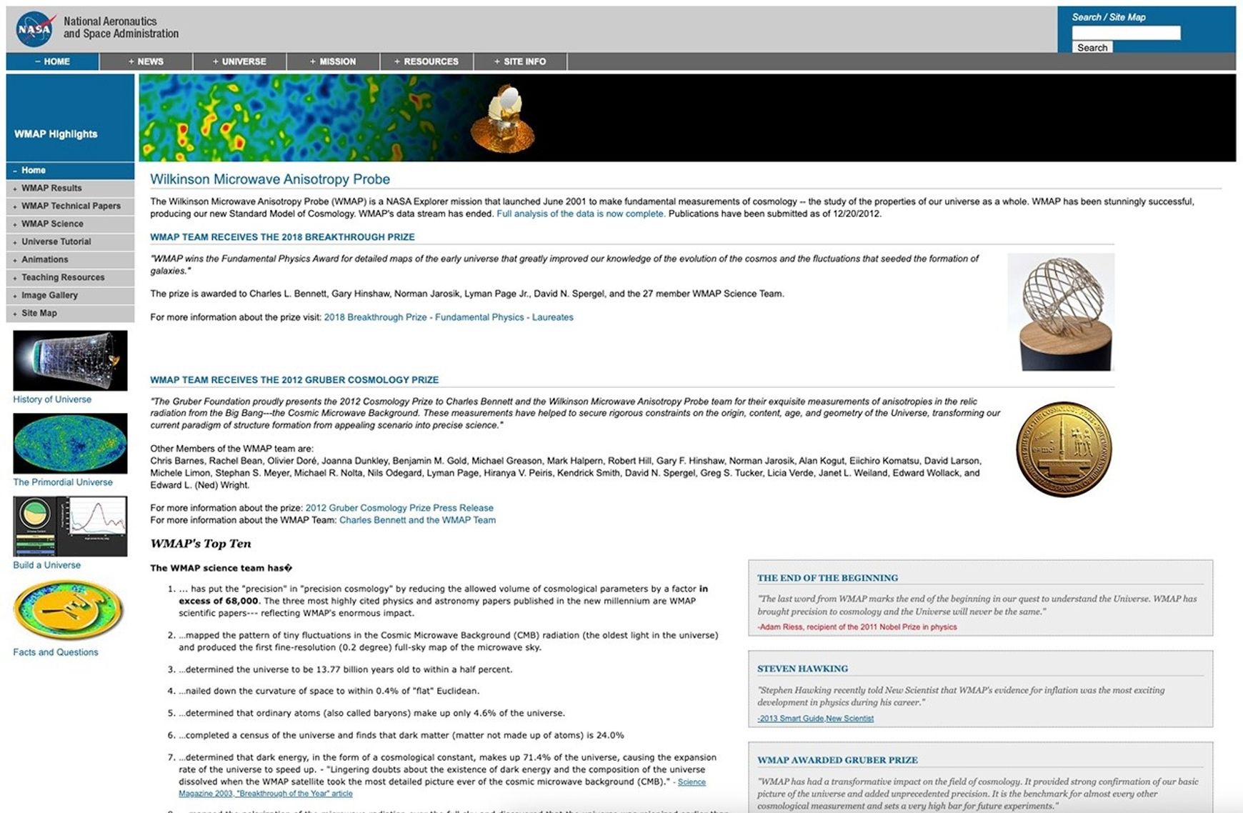 Screenshot of archived WMAP Website