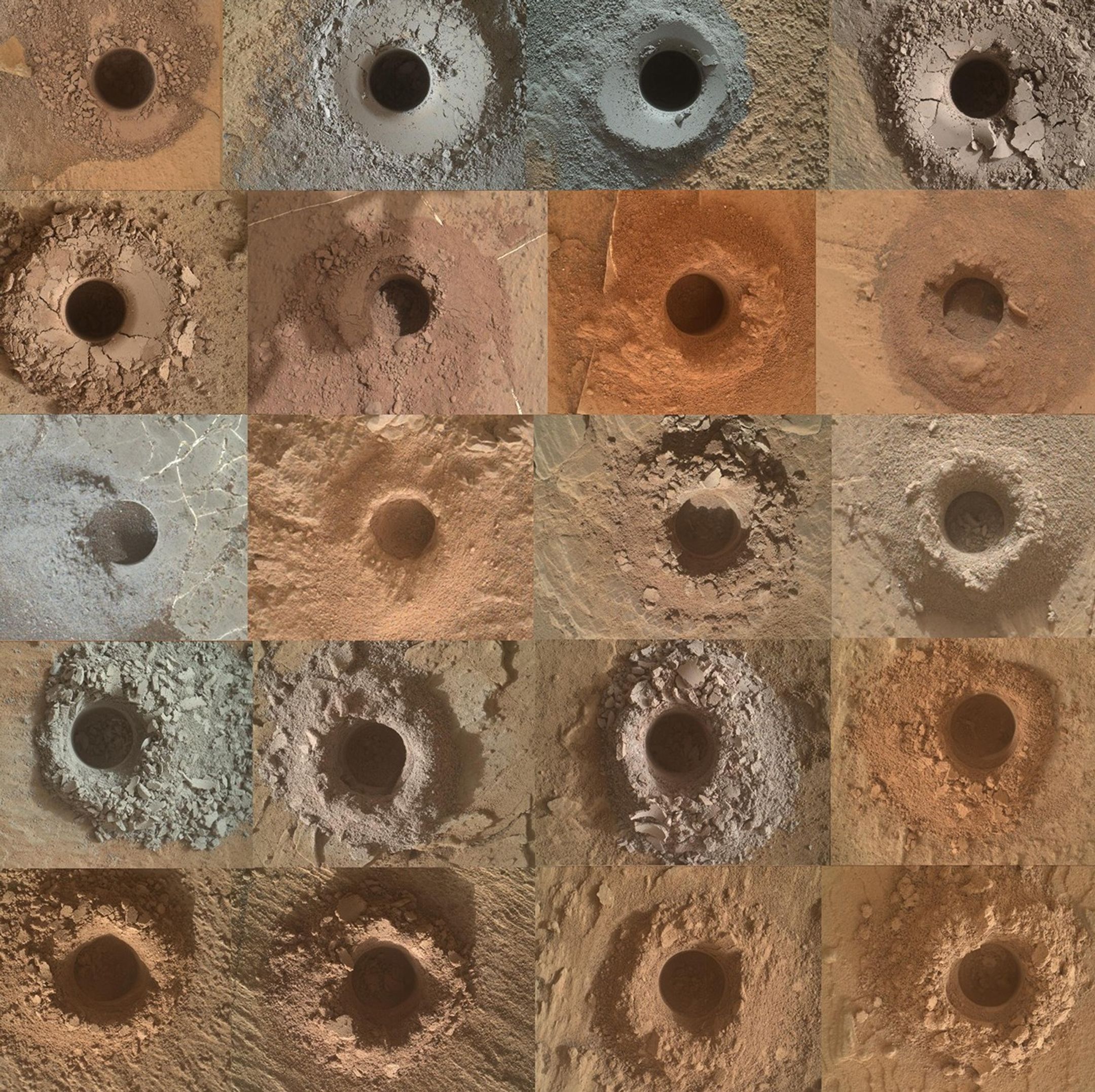 A 4-by-5 grid of close-up photos showing drilled circular holes in Martian rock and soil. Each image features a different drill site, displaying a range of textures and colors—from pale gray and bluish tones to warm tans, reds, and oranges. The holes vary in how cleanly they were bored, with some surrounded by fine dust and others by broken, chunky rock fragments, highlighting the geological diversity of the sampled terrain.