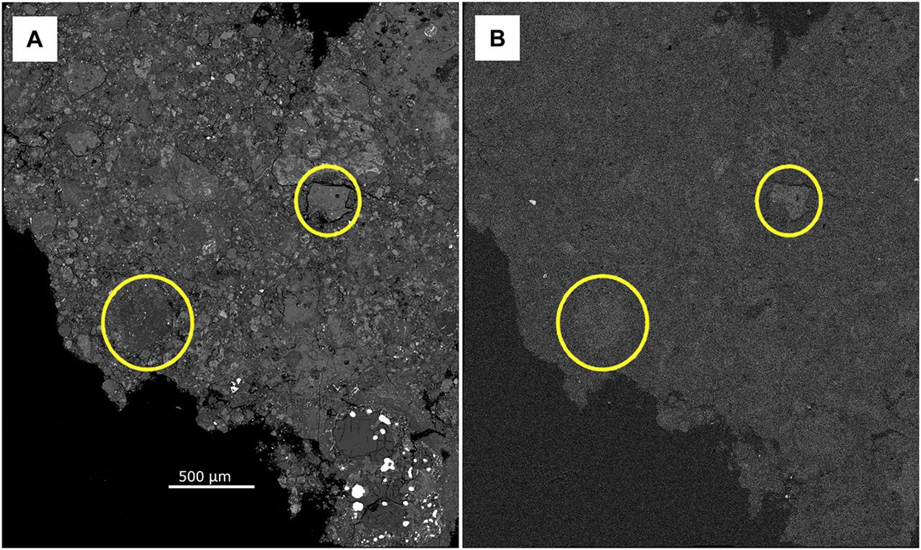 Two grayscale microscope images of the same area of the Hillsborough meteorite are shown side by side. In both panels, two circular features are outlined in yellow. The left panel is a backscattered electron image that reveals the meteorite's internal structure and the locations of two C1 clasts. The right panel is an X-ray elemental map of the same area, where the circled clasts appear brighter than the surrounding material, indicating elevated sodium concentrations. The comparison shows that sodium is concentrated within the C1 clasts.