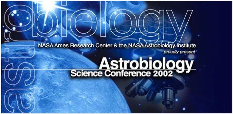 The logo for AbSciCon 2002 is an image of a partial planet (bottom left). DNA can be seen behind it flowing out into space. A ghostly image of a microscope appears to the right. Everything is tinted blue. The outline text says 'astro' along the left side of the frame and 'biology' across the top. Other text in white in the center reads, "NASA Ames Research Center & the NASA Astrobiology Institute proudly presents: Astrobiology Science Conference 2002.