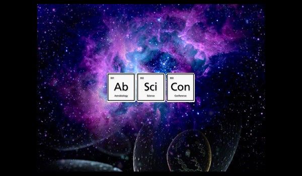 This logo spells Ab, Sci, Con in small white boxes similar to those for elements on the periodic table. This is super imposed over an image of a galaxy blended with an illustration of DNA inside of single cell organisms.