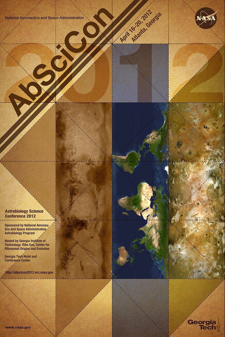 This poster says AbSciCon 2011, April 26-29, 2011. It is a mustard color backdrop with the words at an angle in the top right. The poster is divided into triangles with solid and dotted lines signifying origami folds. In the center right there are three column bands showing the surface of Mars, Earth, and Io. When folded, the poster forms a box representing one of those three bodies depending on the fold.