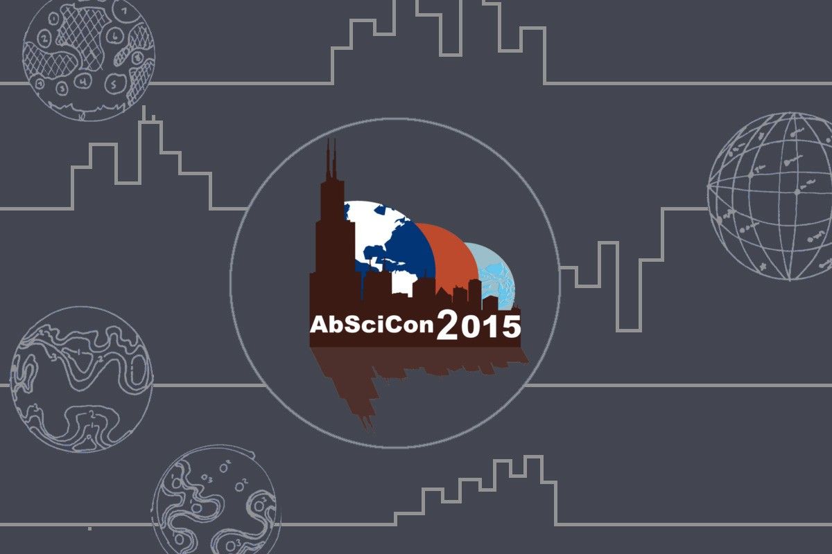 The logo appears as a skyline image of Chicago with the tallest building to the left in maroon. The buildings are reflected below at an angle as if in water and a washed out, lighter color. AbSciCon 2015 is in white across the base of the buildings. Behind the buildings from left to right and in descending size are the Earth (Blue with white continents - the Americas showing), Mars (red/orange), and Enceladus (light blue with darker blue 'cracks' on the surface). They are drawn as simple vector shapes. The logo is enclosed in a white circle on a grey background. White lines trace across the background and zigzag in parts resembling skylines. Superimposed on the lines in places are the white map outlines of planets and their surfaces. This represents spectra from extrasolar planets.