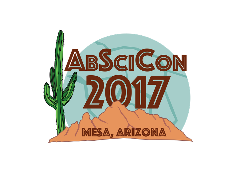 The foreground is a range of desert mountains. Rising from behind them to the left is a cactus that reaches all the way to the top of frame. Behind is a giant blue orb with dark blue cracks representing Enceladus and rising like a full moon. Over the top are the words AbSciCon 2017 in dark red. Below reads "Mesa, Arizona."