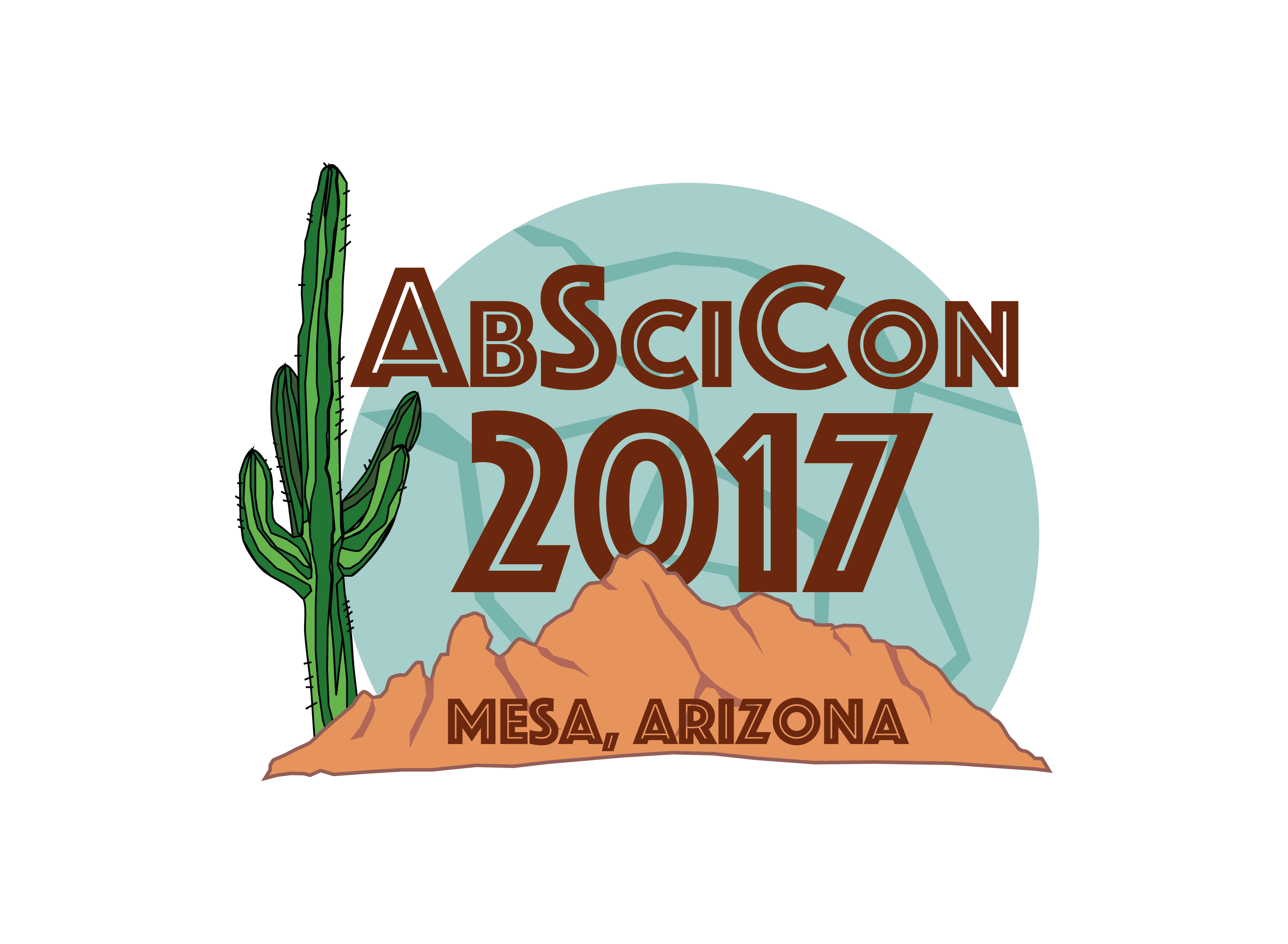 The foreground is a range of desert mountains. Rising from behind them to the left is a cactus that reaches all the way to the top of frame. Behind is a giant blue orb with dark blue cracks representing Enceladus and rising like a full moon. Over the top are the words AbSciCon 2017 in dark red. Below reads "Mesa, Arizona."