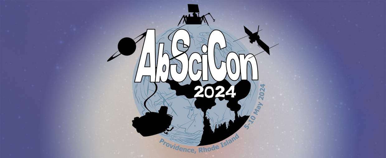 The AbSciCon 2024 logo sits on a light blue circle with dark blue cracks (representing Encealdus). Various silhouettes in black can be seen. Top left outside of the blue circle is the shadow of Saturn. Sitting on top of the circle is a robotic lander. To the top right is an orbiting mission. Bottom right, inside of the circle, is a hydrothermal vent. The 'smokestacks' of the vent are releasing heated fluid plumes that lift up toward the center of the circle. Bottom left is a submersible robot heading toward the vent. A chord winds its way up from the submersible to the lander above. The chord also winds through and around "AbSciCon" in bold, white letters outlined in black.  Underneath AbSciCon reads "2024" in wavy script as if it is underwater amidst the heated fluid plumes rising from the vent below.