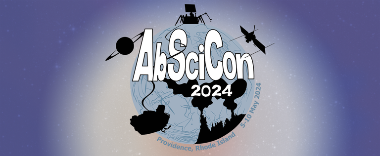 The AbSciCon 2024 logo sits on a light blue circle with dark blue cracks (representing Encealdus). Various silhouettes in black can be seen. Top left outside of the blue circle is the shadow of Saturn. Sitting on top of the circle is a robotic lander. To the top right is an orbiting mission. Bottom right, inside of the circle, is a hydrothermal vent. The 'smokestacks' of the vent are releasing heated fluid plumes that lift up toward the center of the circle. Bottom left is a submersible robot heading toward the vent. A chord winds its way up from the submersible to the lander above. The chord also winds through and around "AbSciCon" in bold, white letters outlined in black. Underneath AbSciCon reads "2024" in wavy script as if it is underwater amidst the heated fluid plumes rising from the vent below.