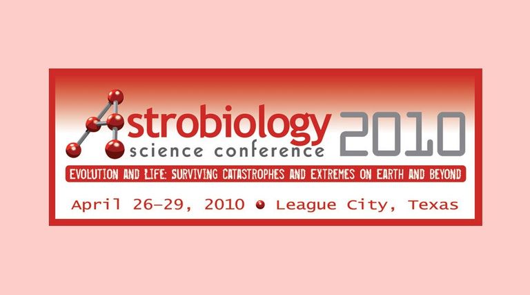 This logo reads Astrobiology in large red font. The A looks like a chemical molecule model with red balls connected by grey bars. Underneath reads 'science conference' in small grey letters. 2010 sits to the right of the text in large grey font. Beneath this is a red bar with white lettering that reads Evolution and life: Surviving Catastrophes and Extremes on Earth and Beyond." Below this in red lettering on white reads "April 26-29, 2010. League City, Texas."