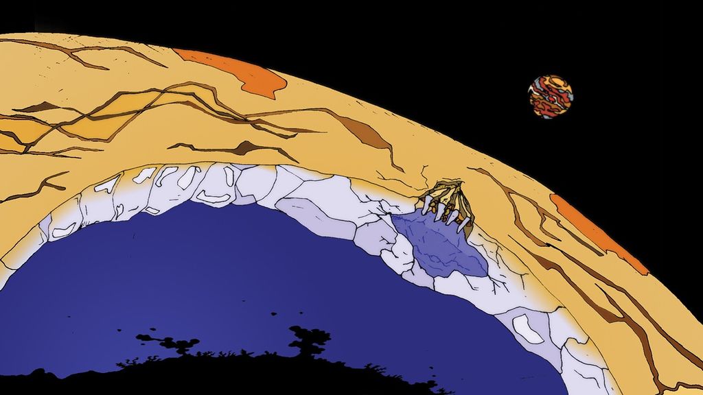 Portrait photo of A comic-style illustration of Europa with a slice through it, showing an ocean underneath and cracks on the ice. A small Jupiter is seen in space in the upper right.