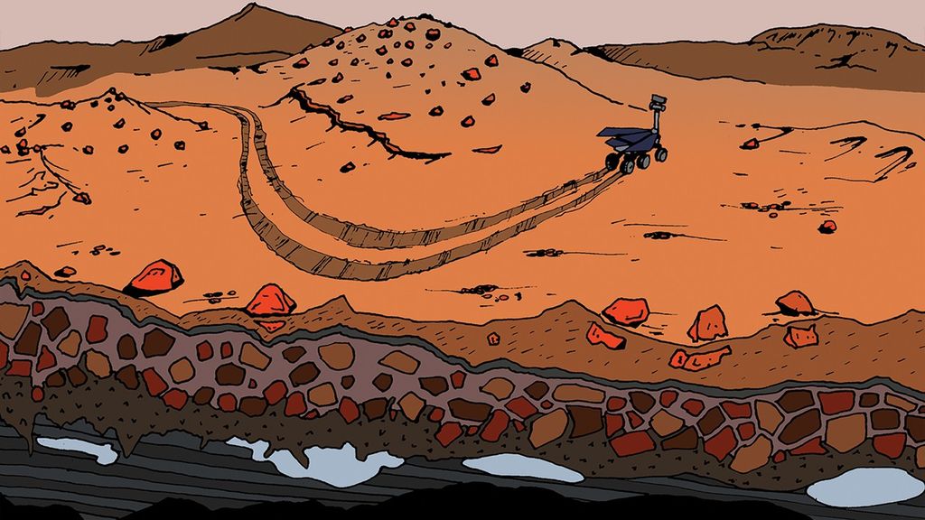 Portrait photo of comic-style illustration of red terreain with a rover and its tracks, with a cutout of the subsurface in the foreground, showing larger sized rocks and pockets of water.