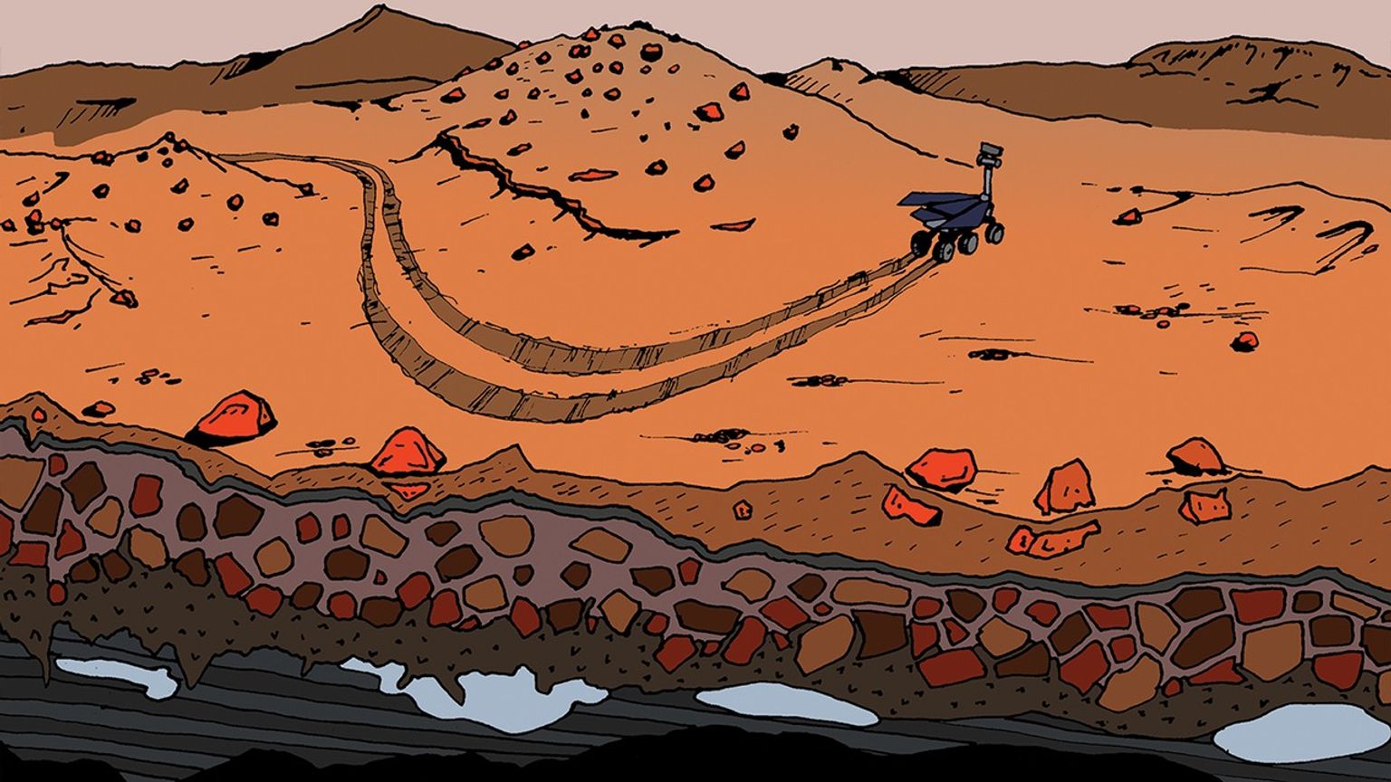 comic-style illustration of red terreain with a rover and its tracks, with a cutout of the subsurface in the foreground, showing larger sized rocks and pockets of water.
