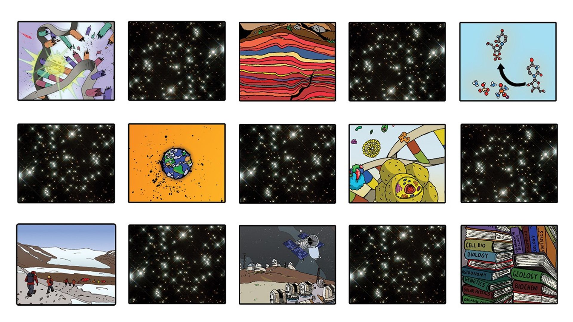 Portrait photo of Square scenes of various images related to astrobiology, like a DNA strand being cut, red laminated rocks, molecules, Earth, rovers, and books, each with a square scene of stars in a black space background, with the star scenes in a chechered pattern.