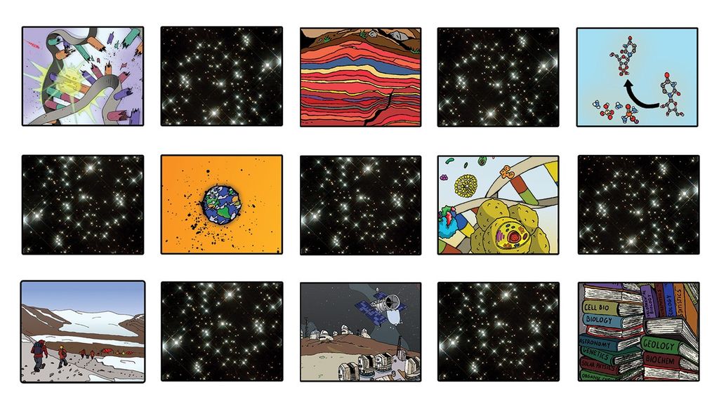 Portrait photo of Square scenes of various images related to astrobiology, like a DNA strand being cut, red laminated rocks, molecules, Earth, rovers, and books, each with a square scene of stars in a black space background, with the star scenes in a chechered pattern.