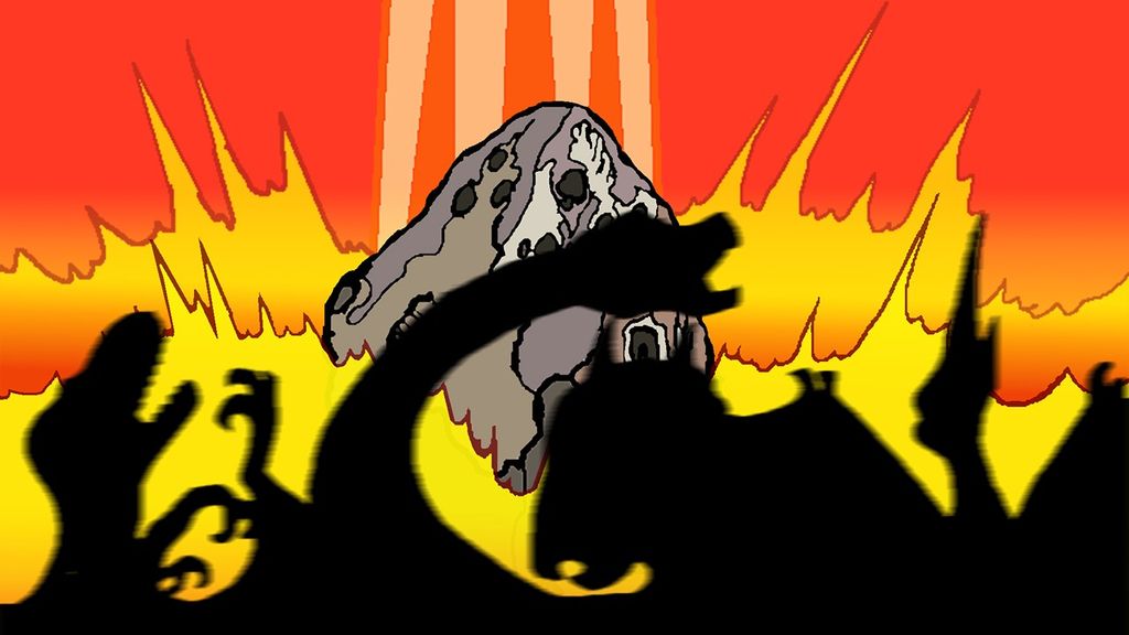 Portrait photo of A comic-style image of a meteorite explosion is seen in fiery red, yellow, and orange colors with black silhouettes of dinosaurs in the foreground.