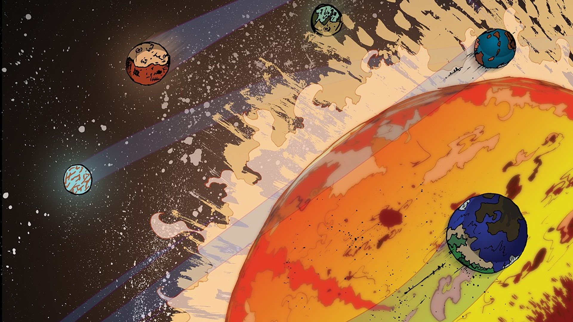 Portrait photo of Comic-style illustration showing a large star in the lower left, gaseous material coming out of it, and planets around it