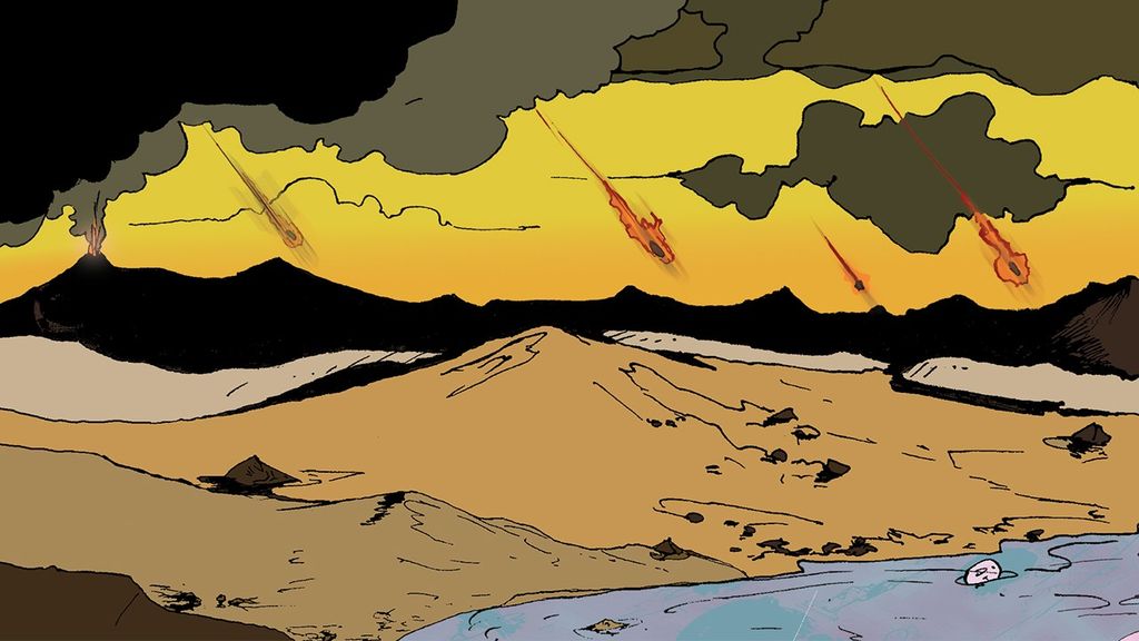 Portrait photo of Comic-style illustration showing a lake, brown mountainous terrain, and a black and yellow sky with impacts raining down.