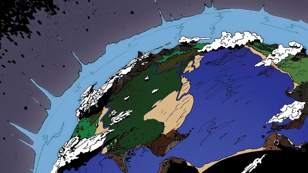 Portrait photo of Comic-style image of half of Earth, showing land, clouds, oceans. 