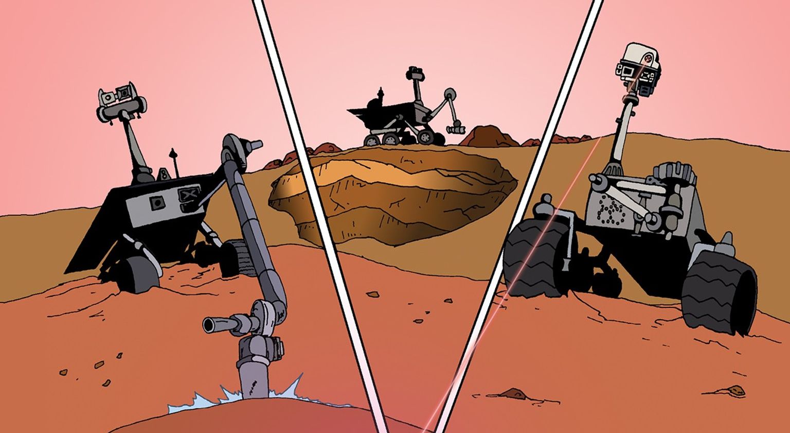 Comic book scene of three rovers on red rocks. Leftmost rover burrows into rock with a metalic tool, center rover explores a large hole, and rightmost rover emits red laser light onto a rock in the foreground.