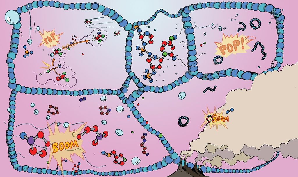 Portrait photo of Comic-style illustration showing molecular reactions inside a cell membrane, with ""POP!"" and ""BOOM!"" chemical interaction effects and hydrothermal vents emitting a gaseous grey substance in the lower left.