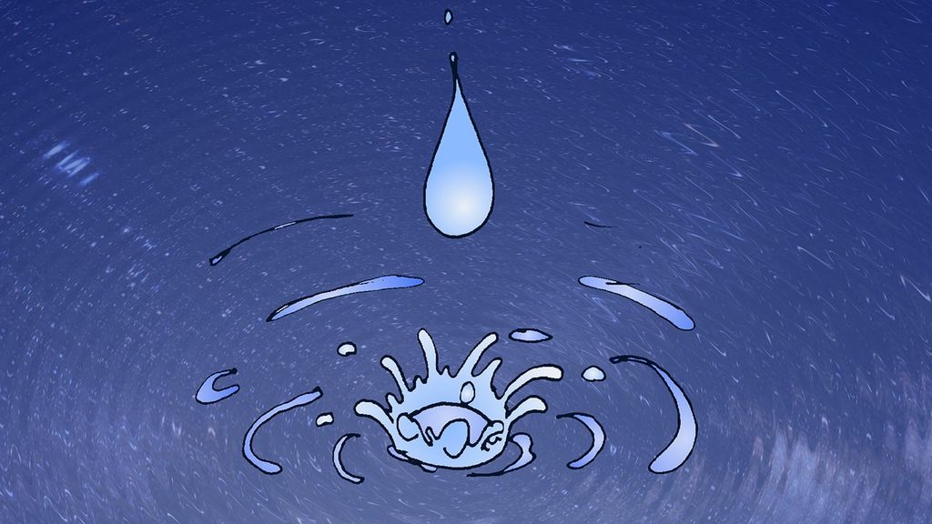 Portrait photo of Comic style illustration of a water driplet dripping into a larger blue body of water