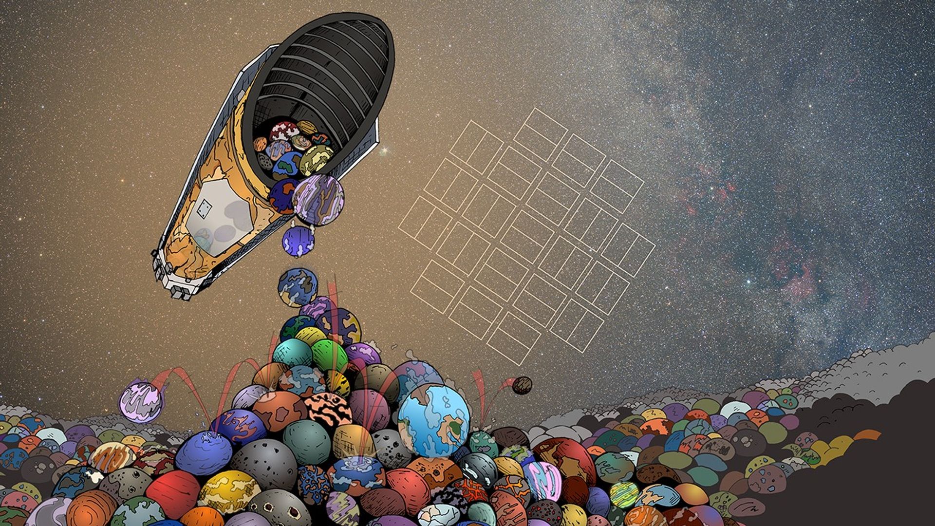 Portrait photo of A comic-style illustration of a space telescope in the foreground of the milky way galaxy, seen pouring from it many round, colorful balls, intended to be exoplanets, which fill the foreground of the image.