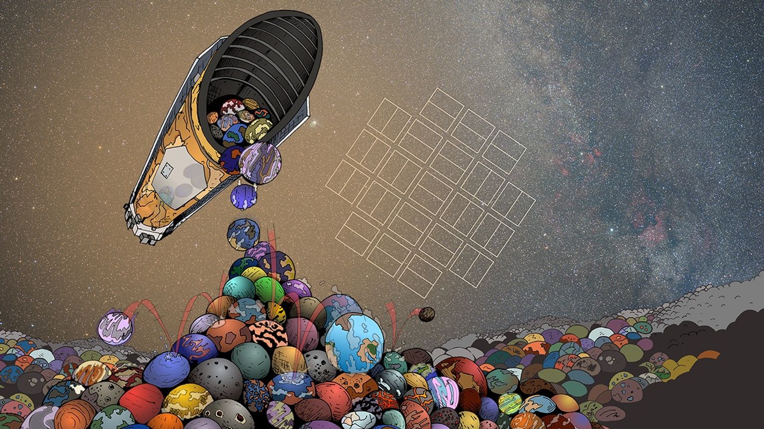 A comic-style illustration of a space telescope in the foreground of the milky way galaxy, seen pouring from it many round, colorful balls, intended to be exoplanets, which fill the foreground of the image.