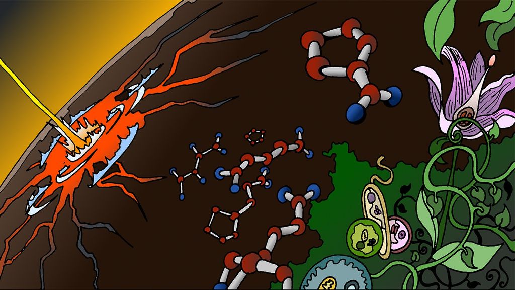 Portrait photo of Comic-style illustration with a scene with an impact to planet Earth that strikes with a red fiery impact. In the center, multiple ball-and-stick molecular models float against a dark background, rendered in red, white, blue, and gray. On the right, the scene transitions to lush green vegetation, with flowers and vines.
