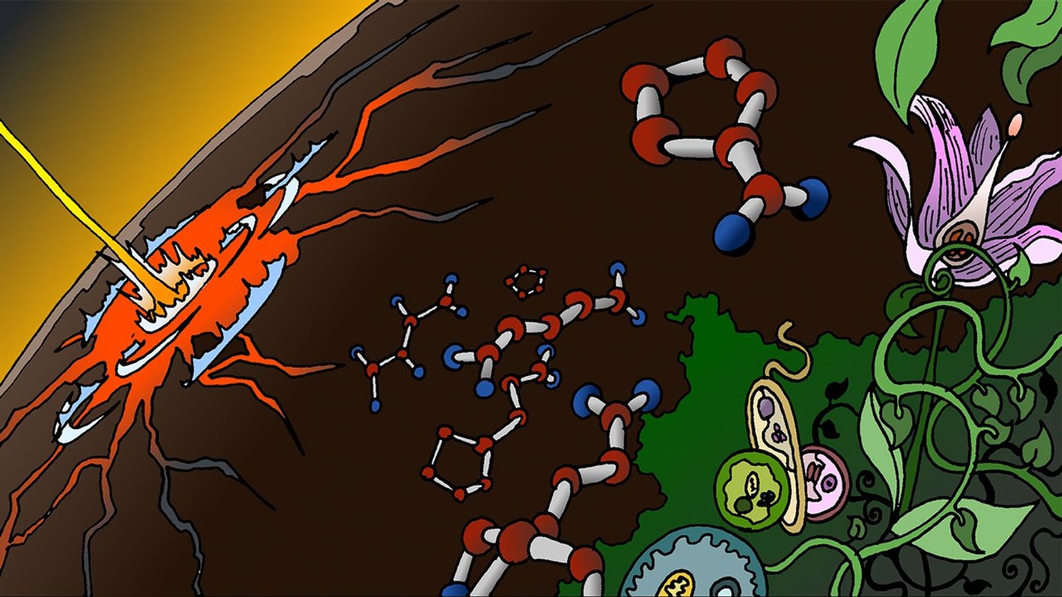 Comic-style illustration with a scene with an impact to planet Earth that strikes with a red fiery impact. In the center, multiple ball-and-stick molecular models float against a dark background, rendered in red, white, blue, and gray. On the right, the scene transitions to lush green vegetation, with flowers and vines.