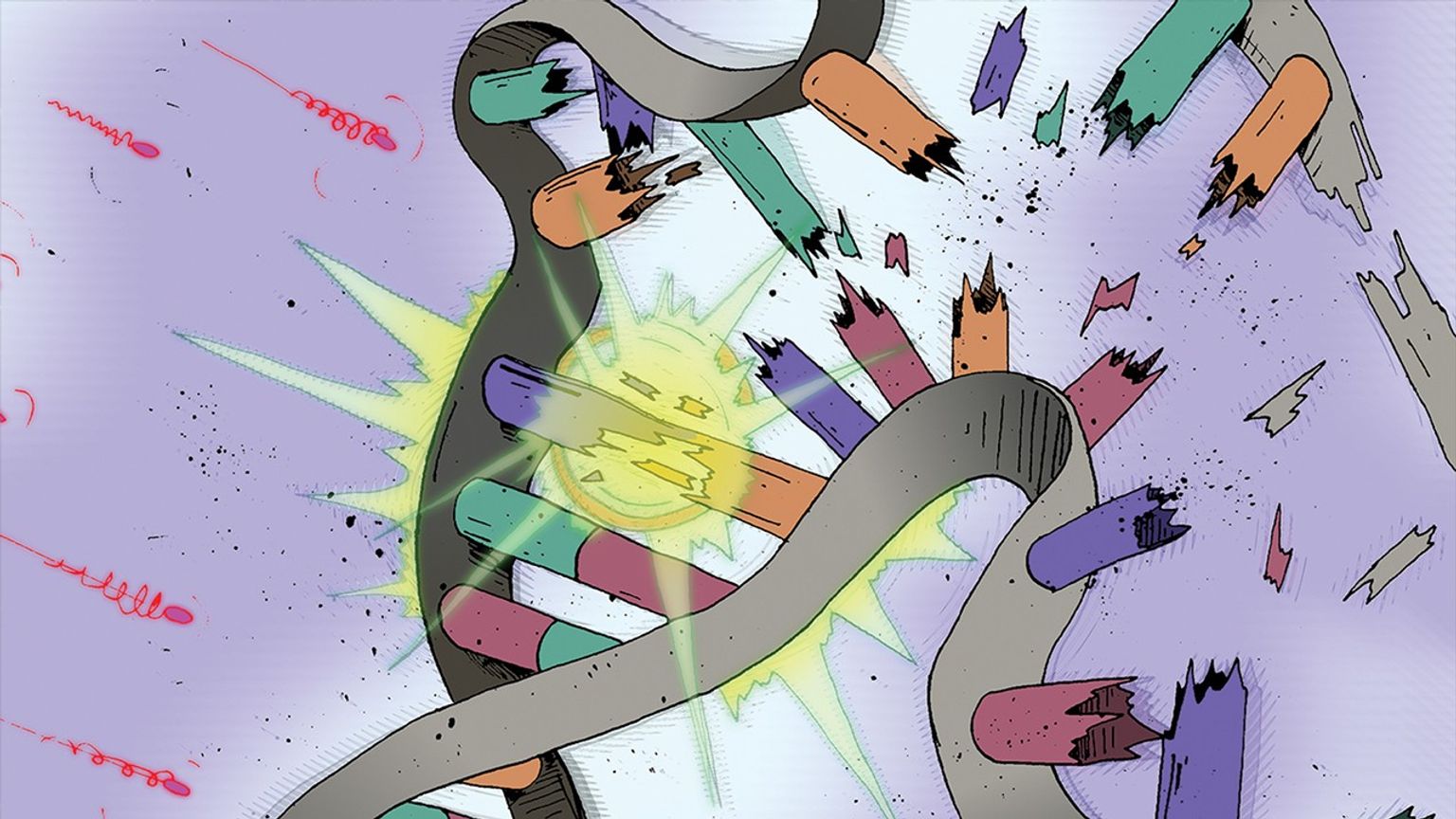 Comic-style illustration of a DNA strand exploding apart from a yellow shiny, semitransparent ball slicing through its bars 