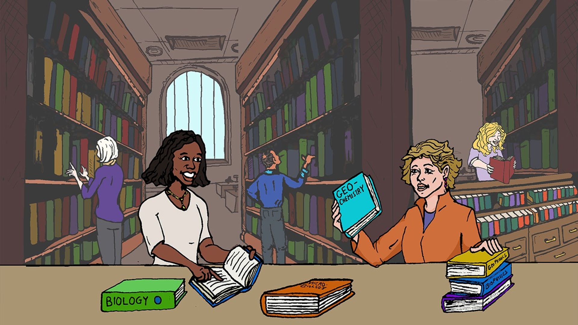 Portrait photo of Two people sitting in a library, examining books. The woman on the right has her hand on a stack of three books and is holding one in her other hand.