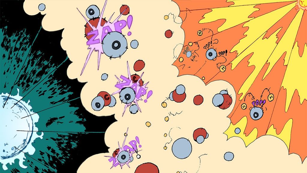 Portrait photo of Comic-style illustration showing cartoon molecules colliding with ""ZAP!"" and ""POP!"" effects across contrasting cold, neutral, and solar environments.