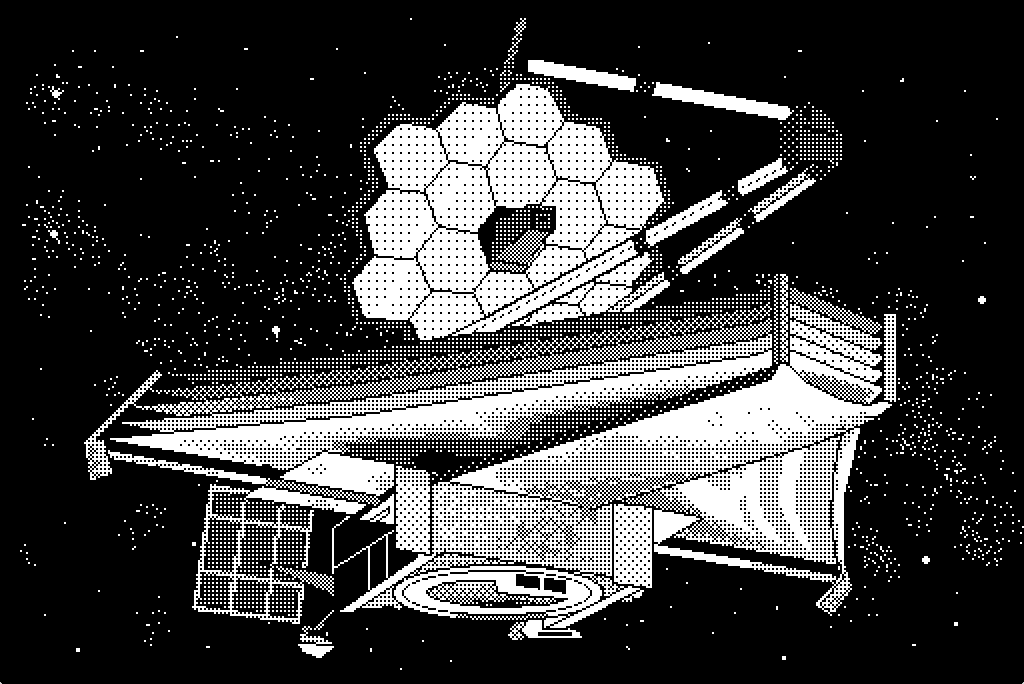 Black and white pixel image of NASA's Webb Telescope in front of a star field