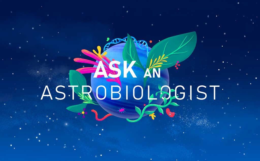 The Ask an Astrobiologist logo: a blue planet with brightly colored plants and vines growing out of it, a tentacle reaching out, and a pink bug crawling across the surface.