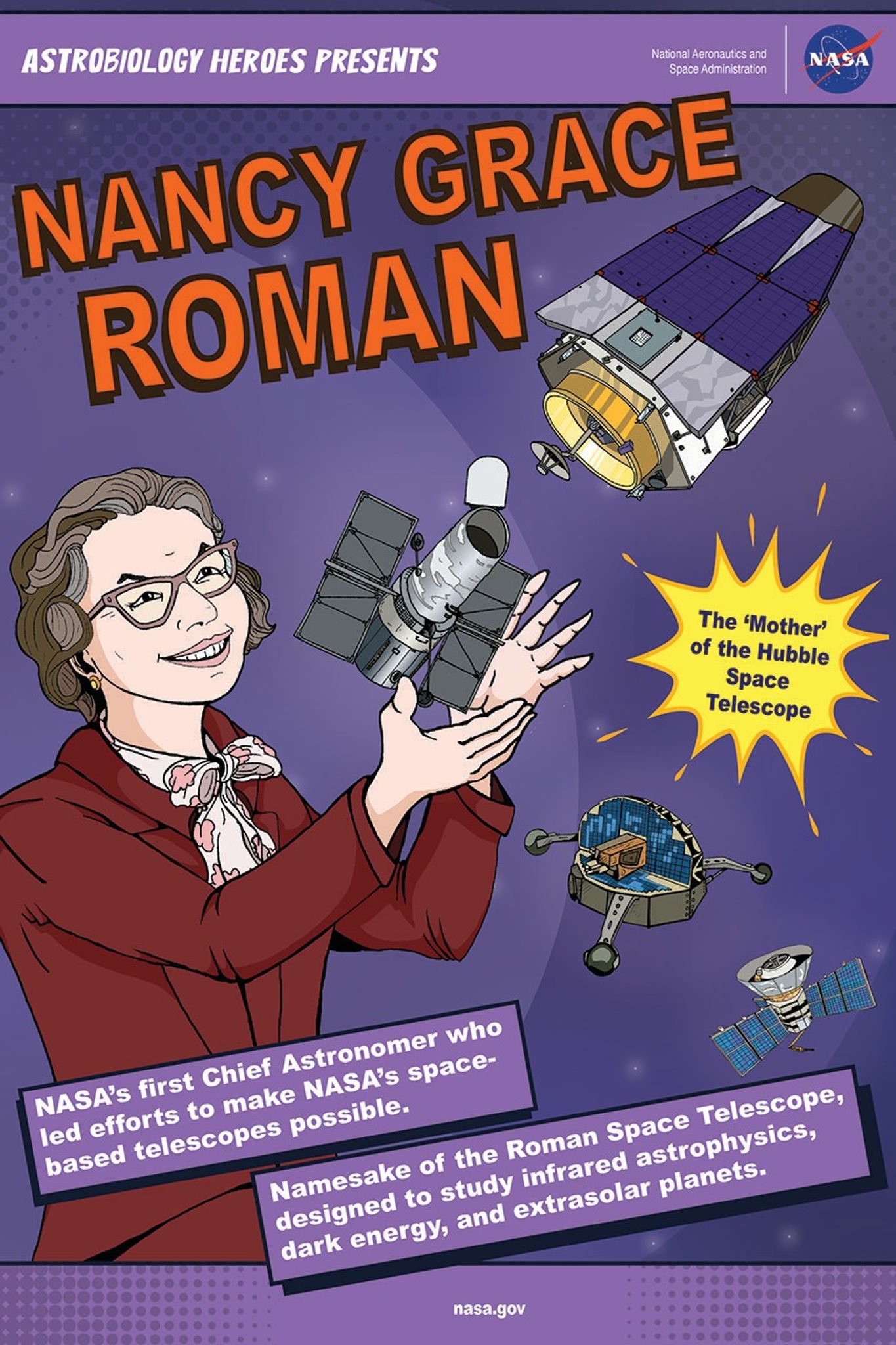 Astrobiology Heroes Presents: Nancy Grace Roman. This comic style image shows a smiling woman with horned rim pink glasses, brown hair with some lighter streaks and a touch of grey, and wearing a maroon suite with a pink flowered scarf tied in a bow around her neck. She looks up to her lift, lifting her arms to cradle a floating Hubble Space Telescope. Above her to the right is the Roman Space Telescope. Below her to the right are the Orbiting Solar Observatory 1 and the Cosmic Background Explorer. Text in a yellow splash reads "The Mother of the Hubble Space Telescope.' Text boxes at bottom: NASA's first Chief Astronomer who led efforts to make NASA's space-based telescopes possible. Namesake of the Roman Space Telescope, designed to study infrared astrophysics, dark energy, and extrasolar planets.