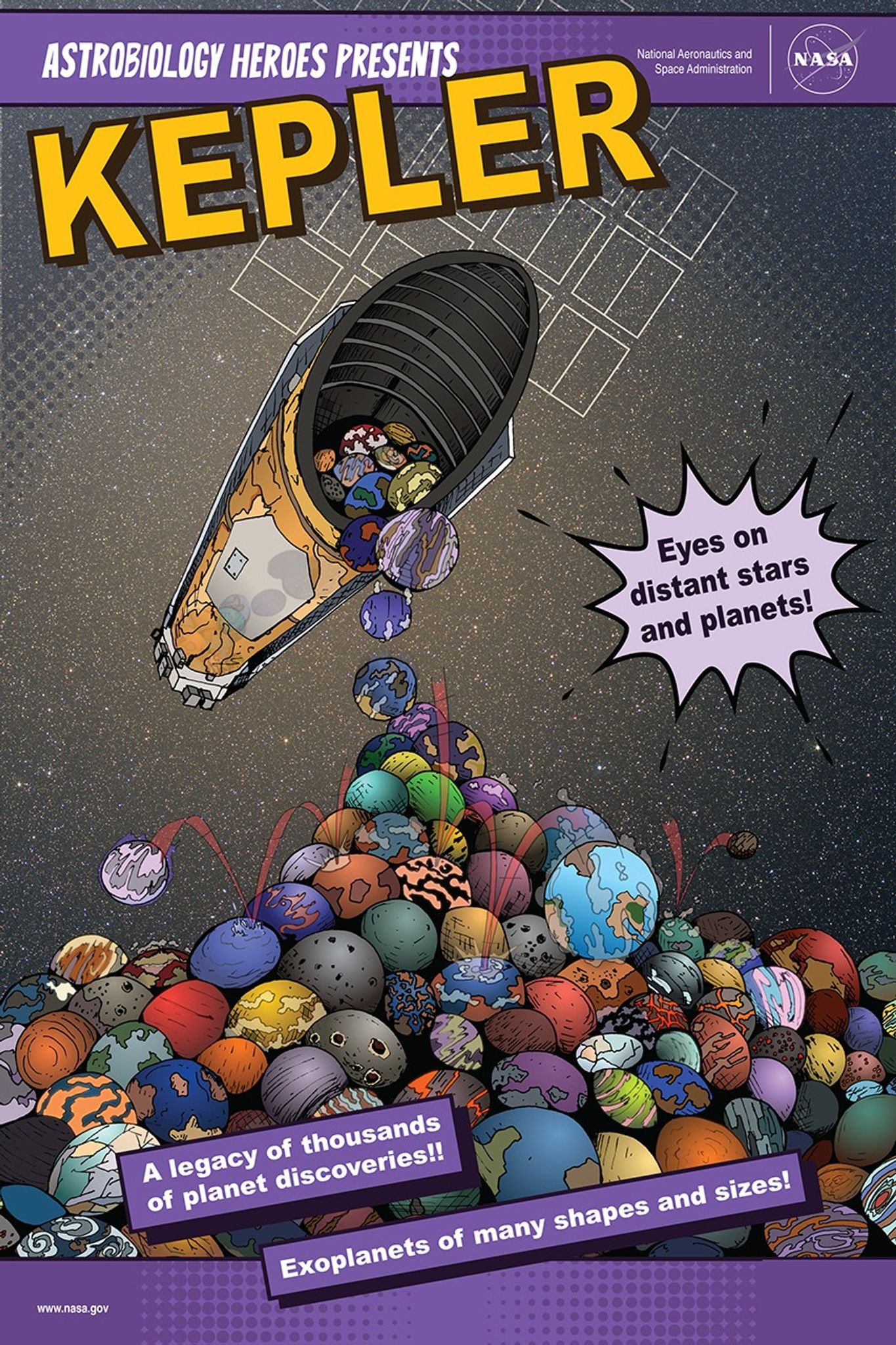 This poster shows a comic book style image of the Kepler spacecraft. Behind is a field of stars with white squares indicating Kepler's field of view. Spilling out of the space telescope are dozens upon dozens of planets. They land in a huge pile of planets at the bottom of the frame with new ones falling and bouncing down to settle amongst the myriad worlds. The text reads (top to bottom) Astrobiology Heroes Presents: Kepler. Eyes on distant stars and planets (splash text). A legacy of thousands of planet discoveries (text box)!! Exoplanets of many shapes and sizes (text box)!