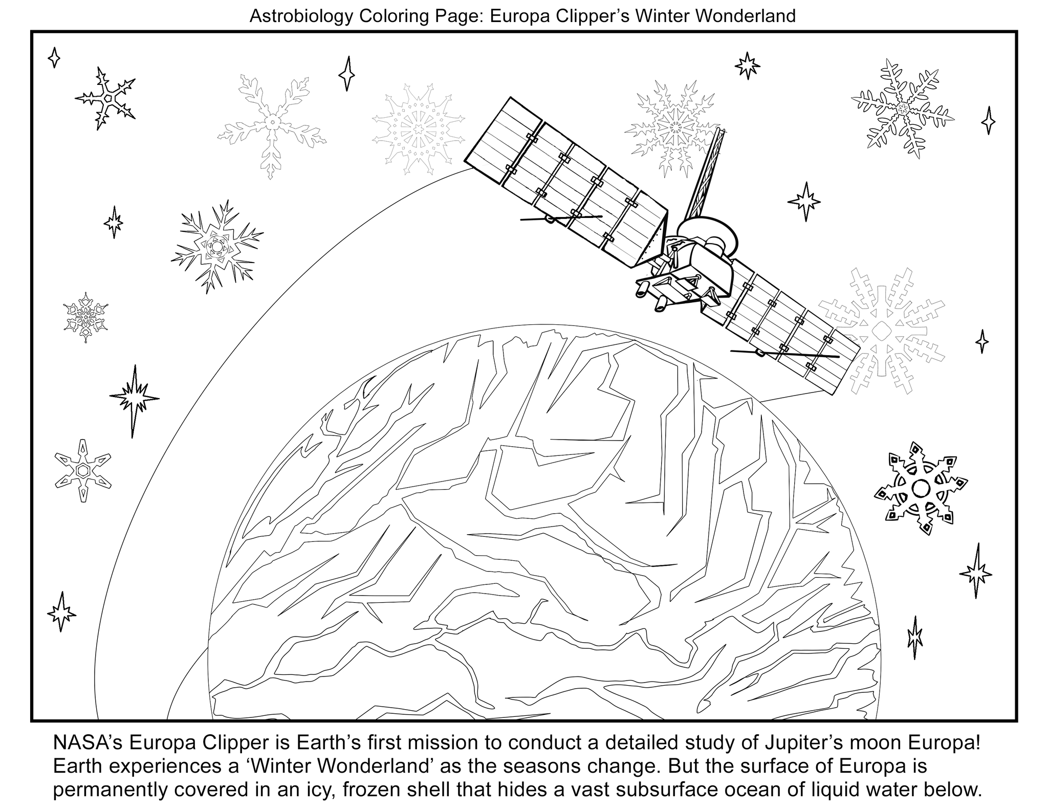 An outline drawing of Europa Clipper over Europa for coloring.