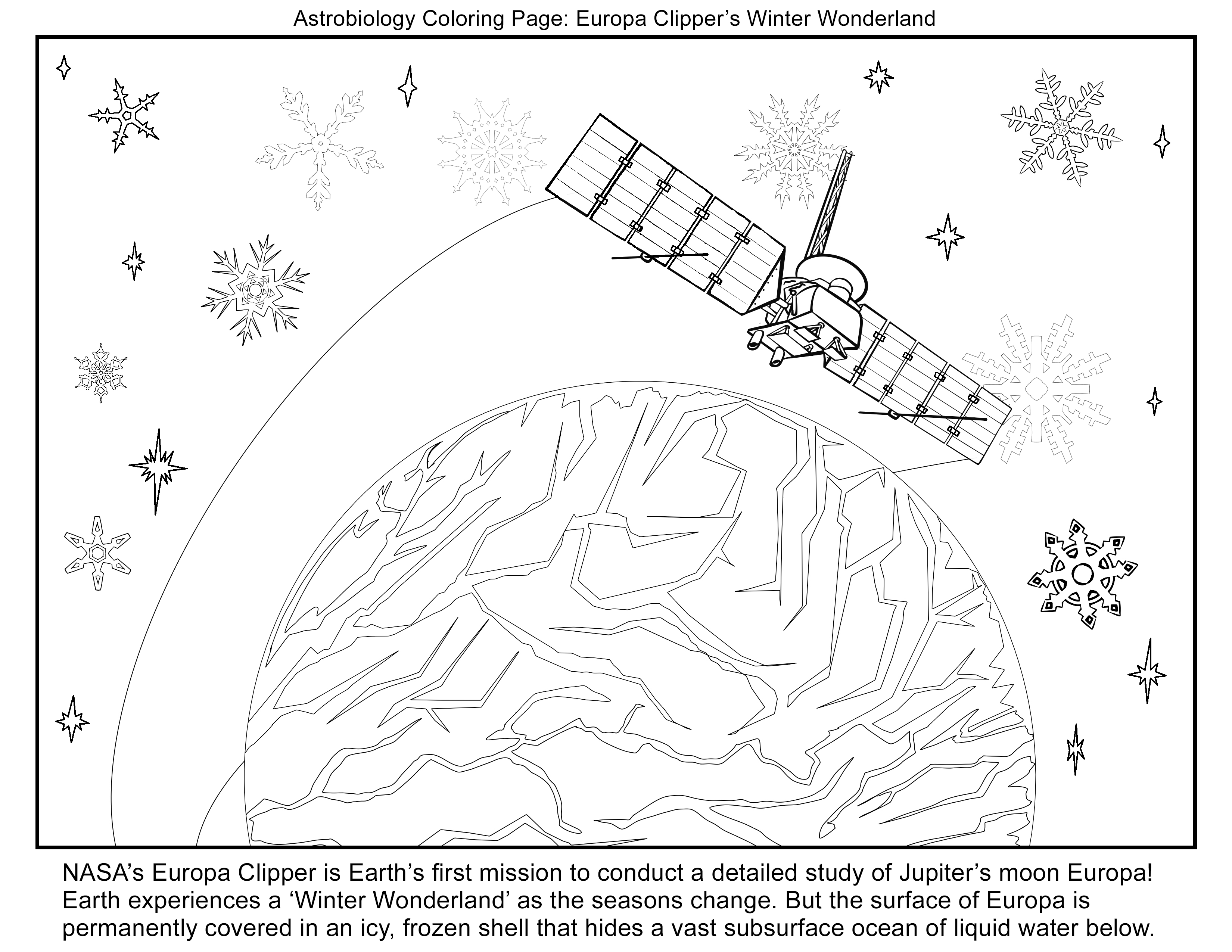 An outline drawing of Europa Clipper over Europa for coloring.