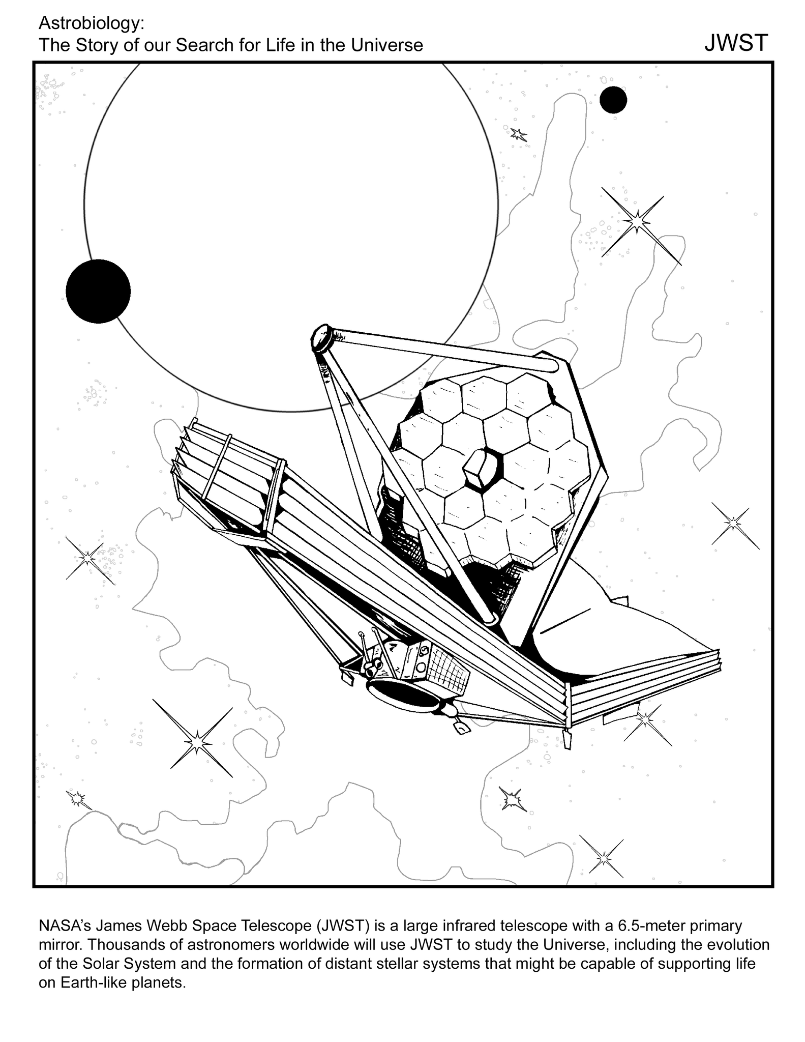 Black and white drawing of JWST in space with nebulae, stars, and planets in the background.