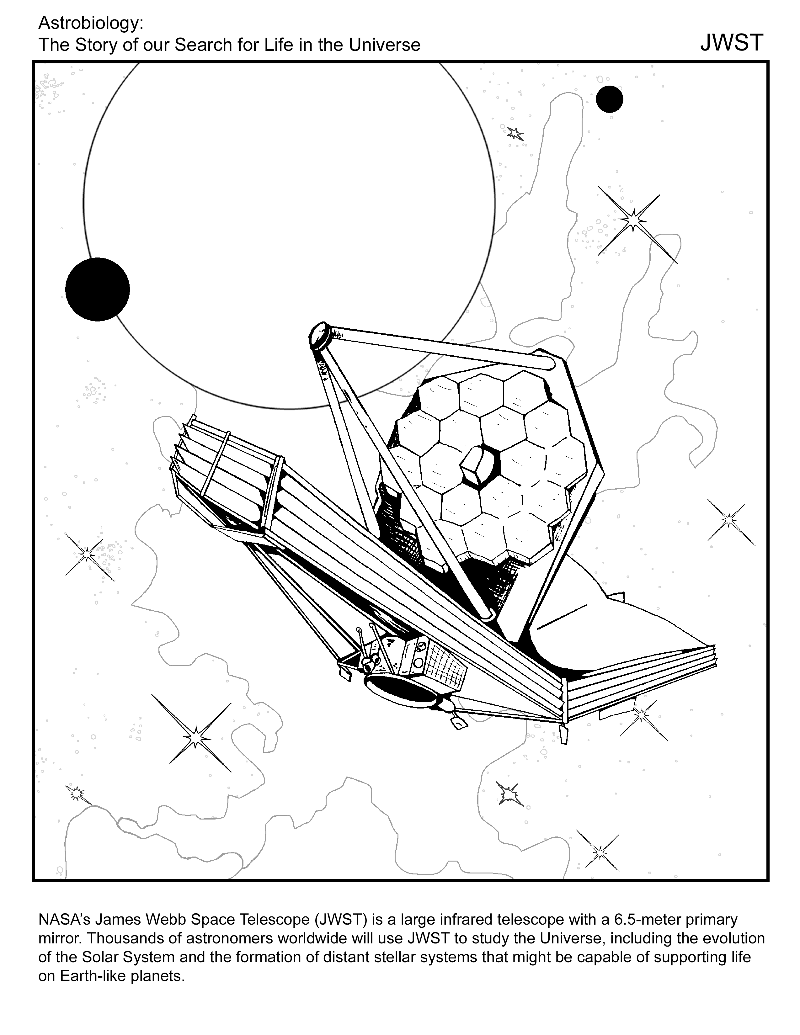 Black and white drawing of JWST in space with nebulae, stars, and planets in the background.