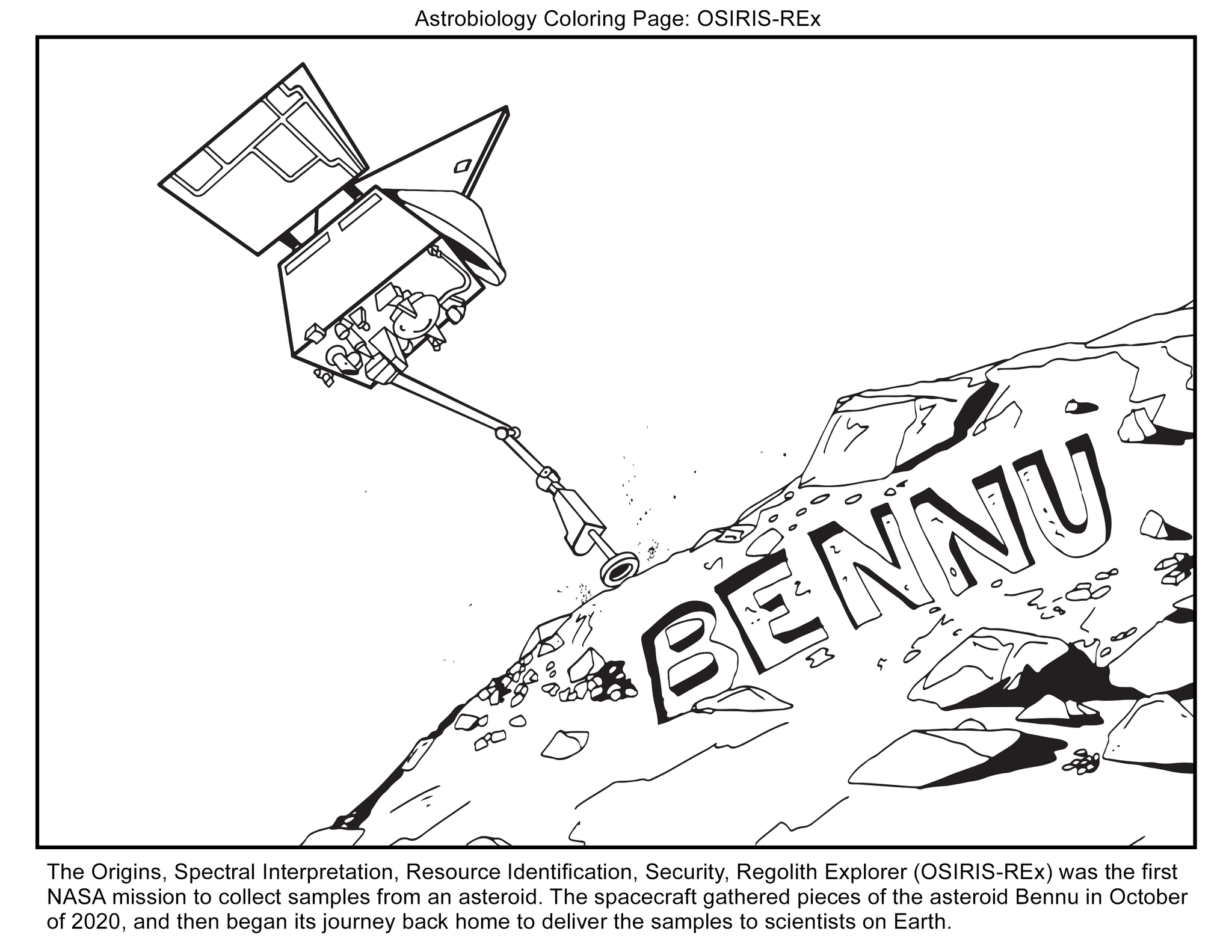 A black and white line drawing of OSIRIS-REx sampling the asteroid Bennu. OREx is in the center of the page with it's arm reaching out to the surface of the asteroid. a section of the asteroid can be seen bottom right with the name "BENNU" on its surface.